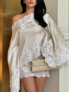 Sexy Lace Patchwork Shirt Skirts Set Women Full Sleeve Slash Neck Loose Top Mini